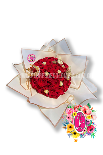 Ramillete rosas rojas + chocolates y corona - Flores de Colombia