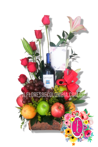 Frutero con rosas y vino - Flores de Colombia