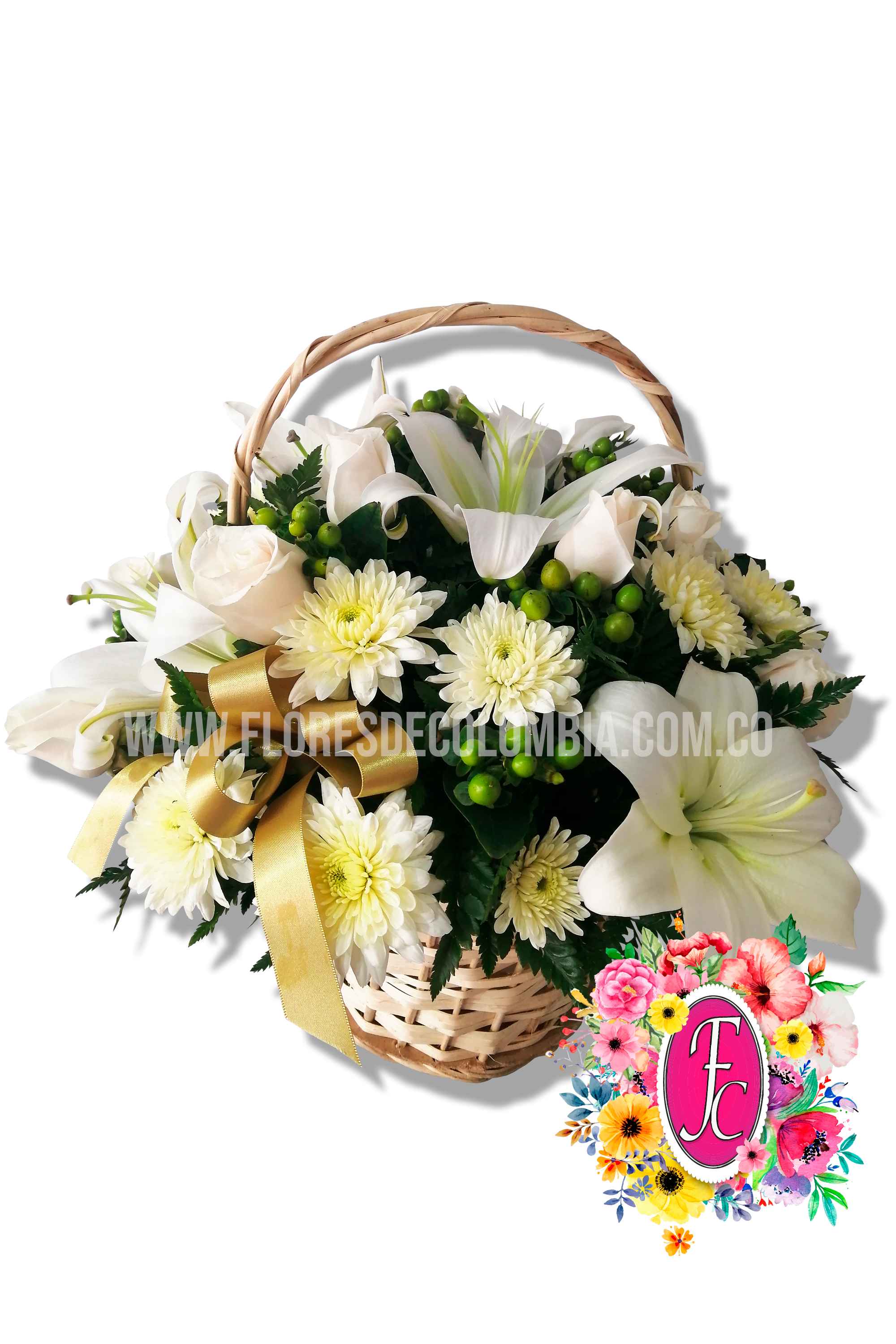 Canasta con lirios y rosas blancas - Flores de Colombia