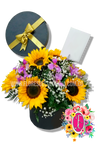 Caja regalo con girasoles y orquideas - Flores de Colombia