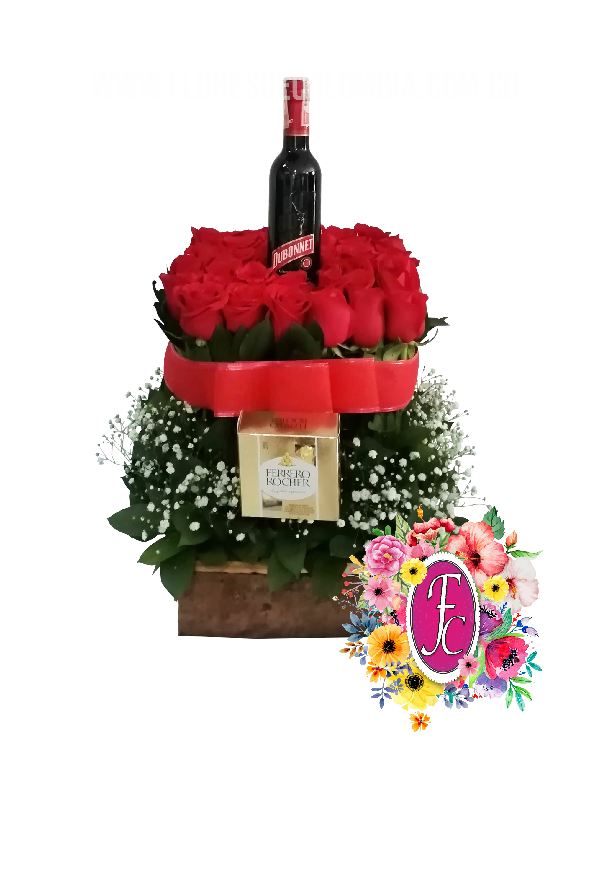 Pabel de rosas con caja de chocolates y vino │ Flores de Colombia