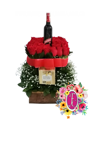 Pabel de rosas con caja de chocolates y vino │ Flores de Colombia