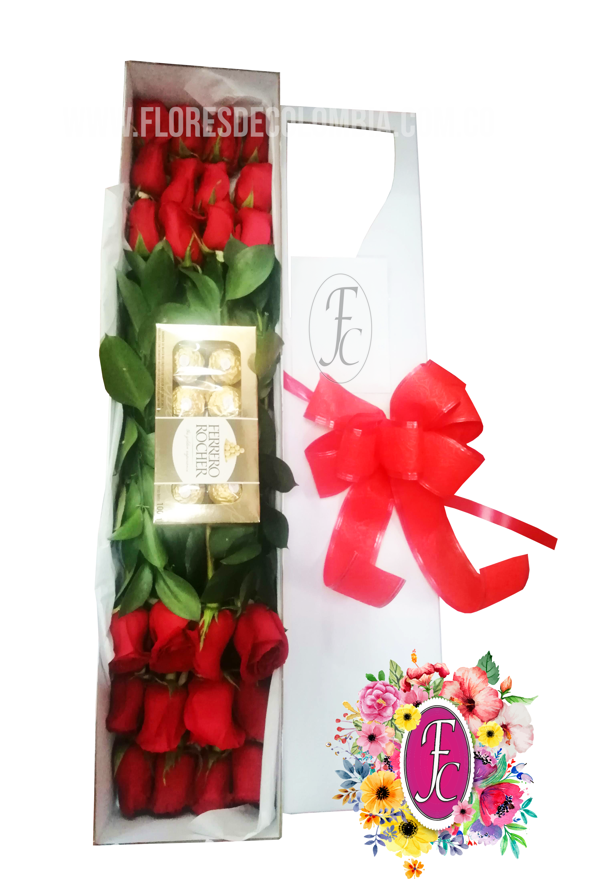 Caja de 24 rosas con chocolates Ferrero Rocher │ Flores de Colombia