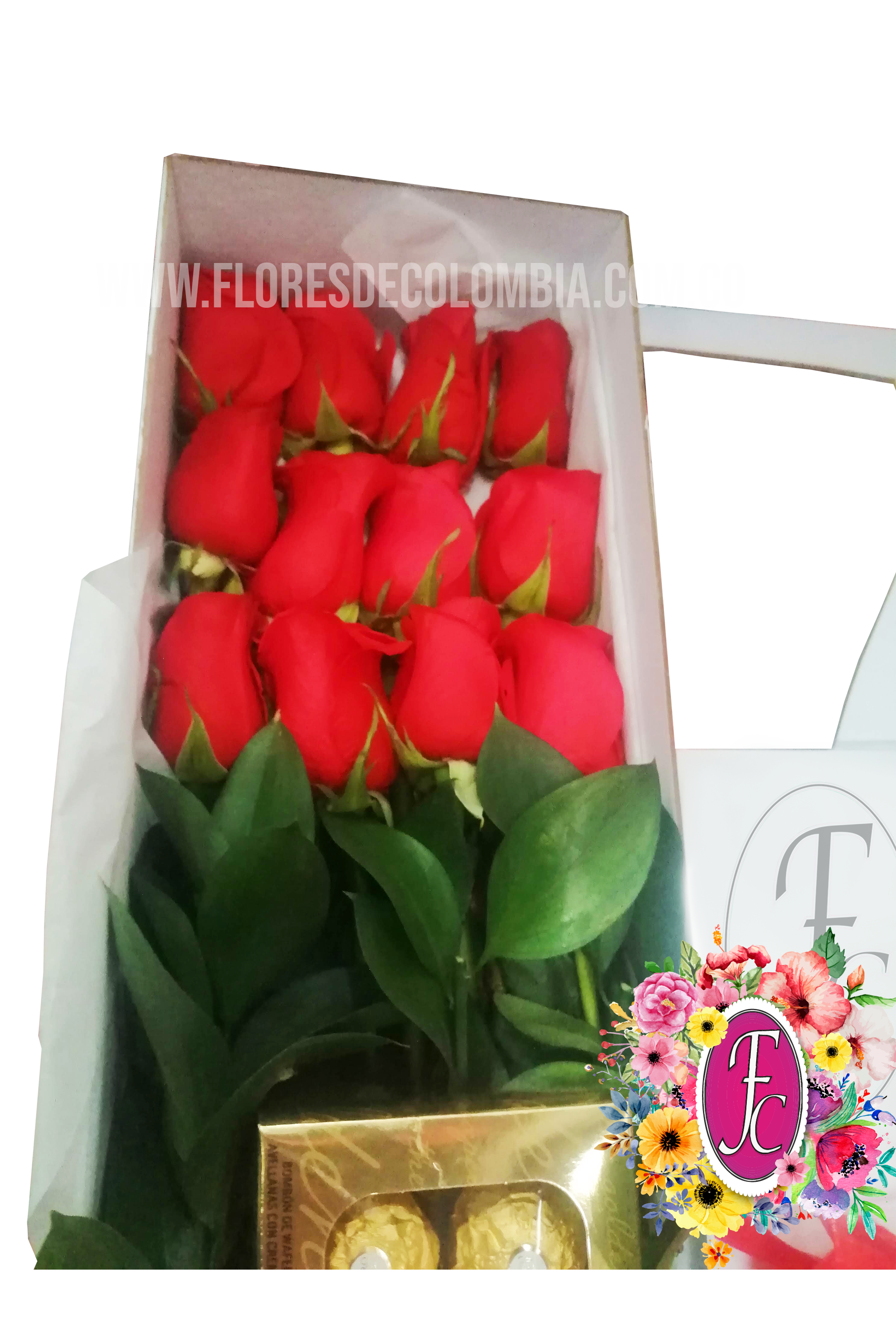 Caja de 24 rosas con chocolates Ferrero Rocher │ Flores de Colombia
