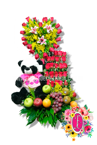 "Vengo a ofrecer mi corazón" diseño con rosas y frutas - Flores de Colombia