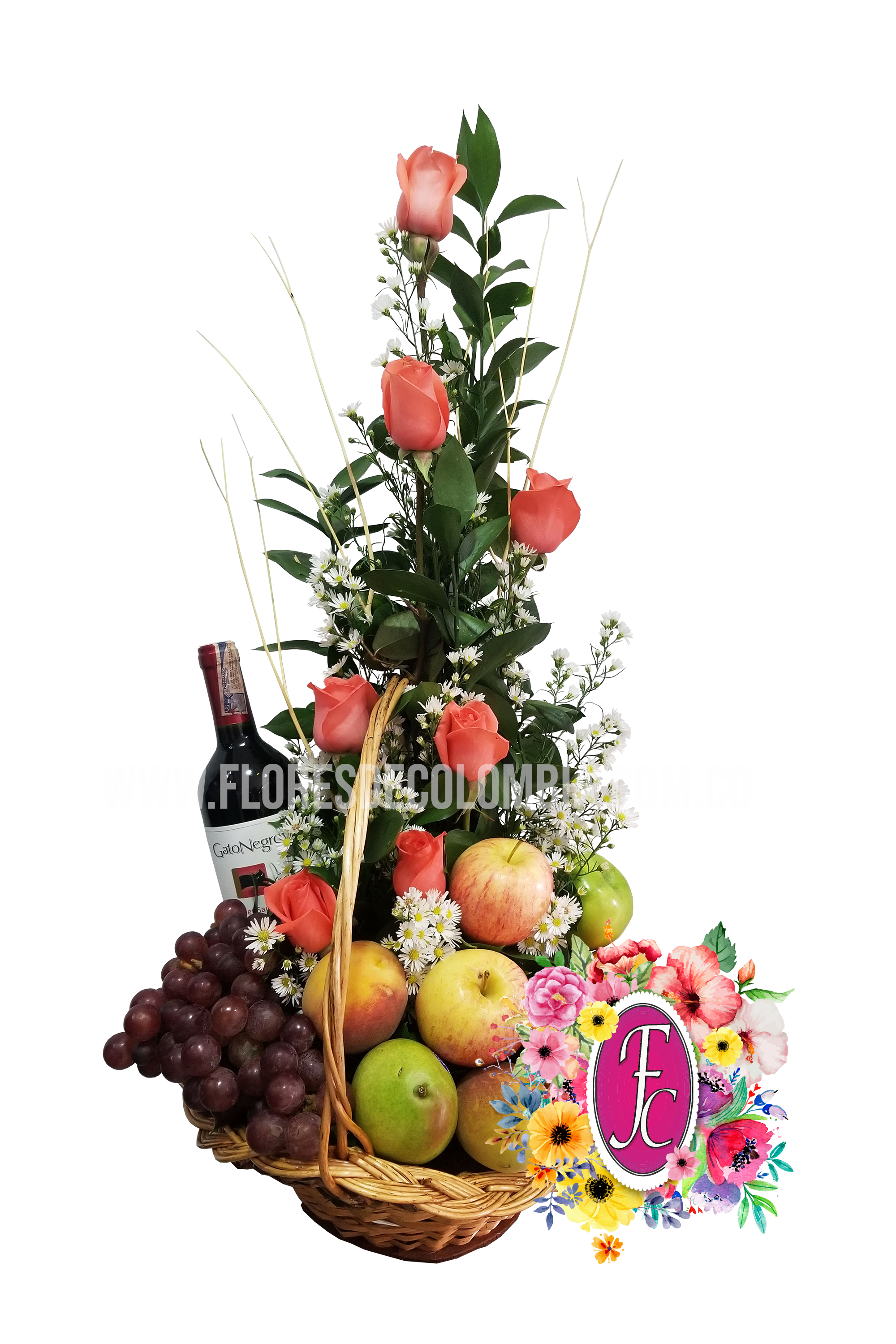 Canasta con vino y frutas │ Flores de Colombia