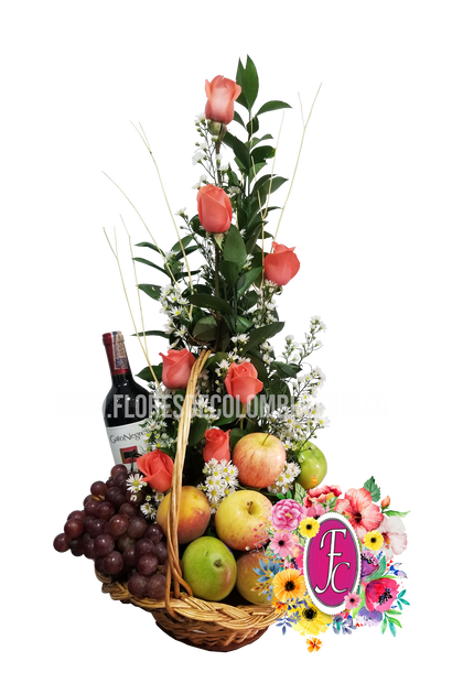 Canasta con vino y frutas │ Flores de Colombia