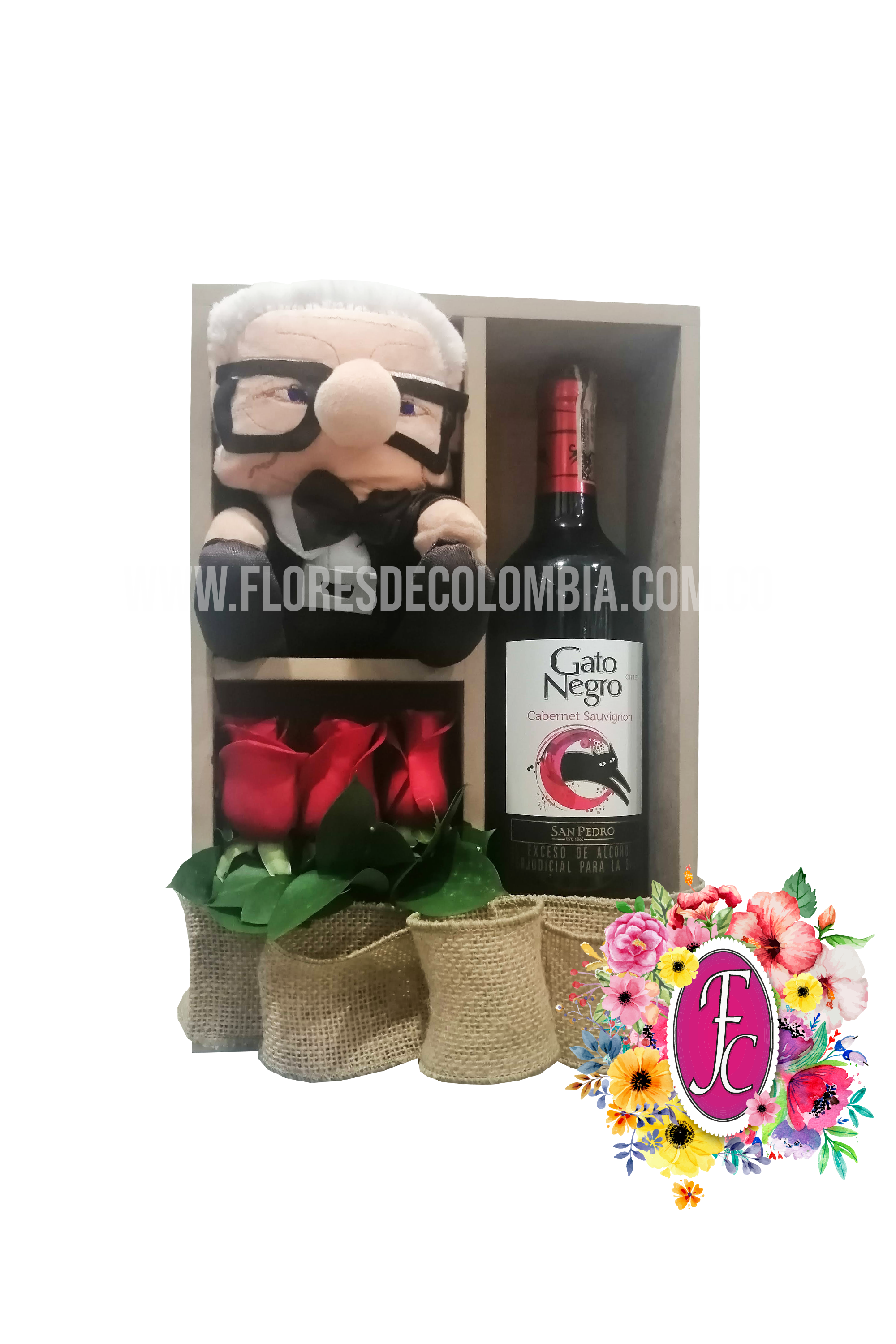 Box shelf con peluche y vino │ Flores de Colombia