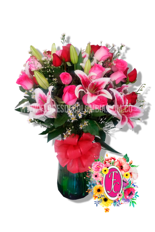 Florero mediano con lirios y rosas - Flores de Colombia