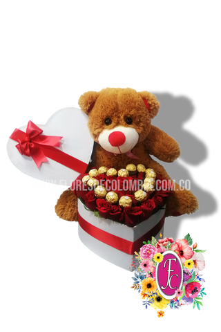 Caja corazon con peluche │ Flores de Colombia