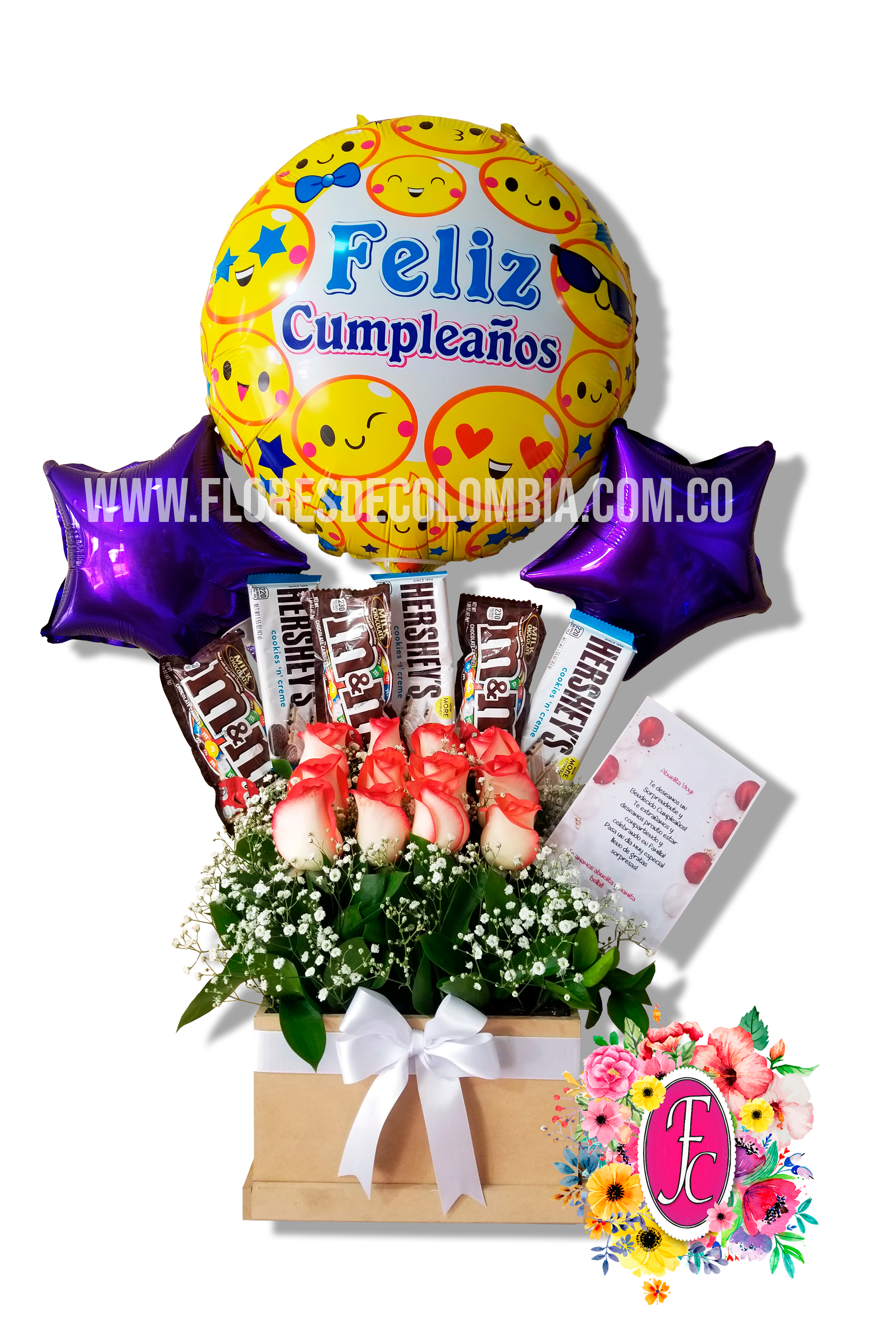 Caja 12 rosas con globos y chocolates │ Flores de Colombia