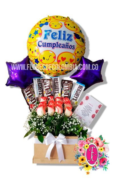 Caja 12 rosas con globos y chocolates │ Flores de Colombia