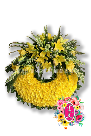 Corona con lirios y pompom amarillo - Flores de Colombia