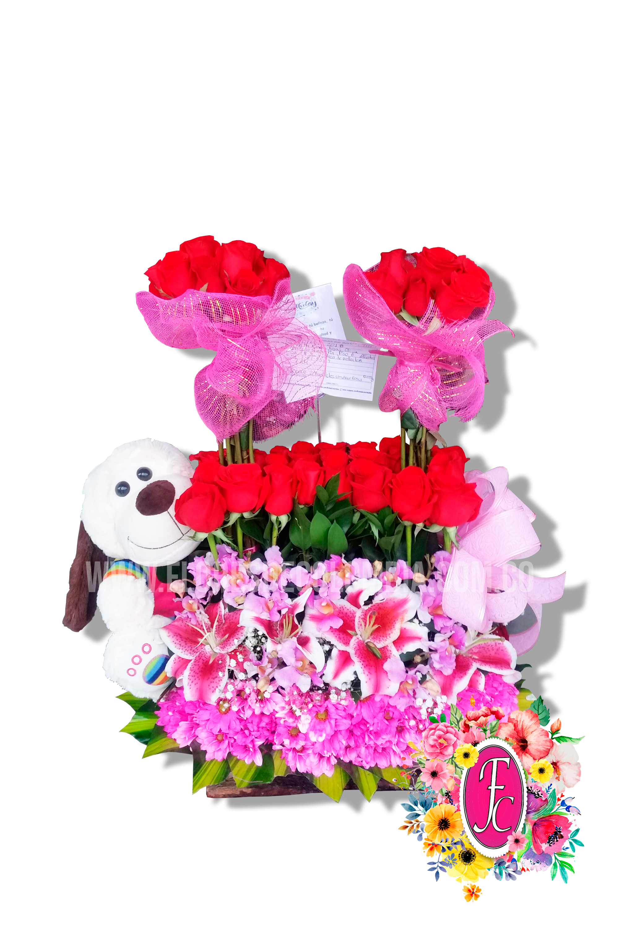 Doble topiario de rosas + peluche - Flores de Colombia