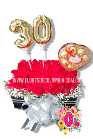 Caja 36 rosas + Globos y Chocolates - Flores de Colombia