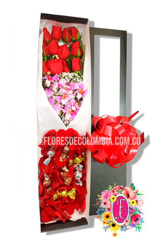 Caja 12 rosas, orquideas y chocolates - Flores de Colombia