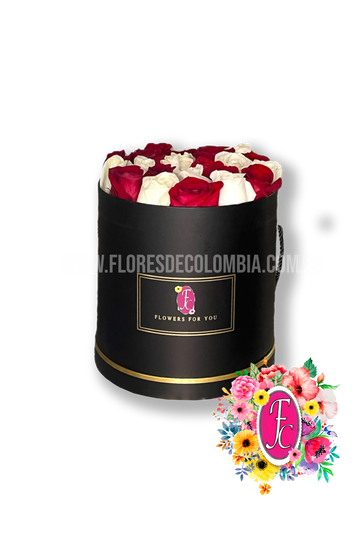 Caja 24 rosas rojas y blancas - Flores de Colombia