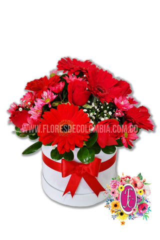 Caja circular de tonos rojos - Flores de Colombia
