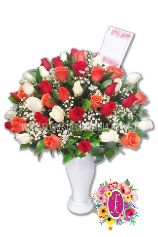 Florero de rosas rojas, naranjas y blancas - Flores de Colombia