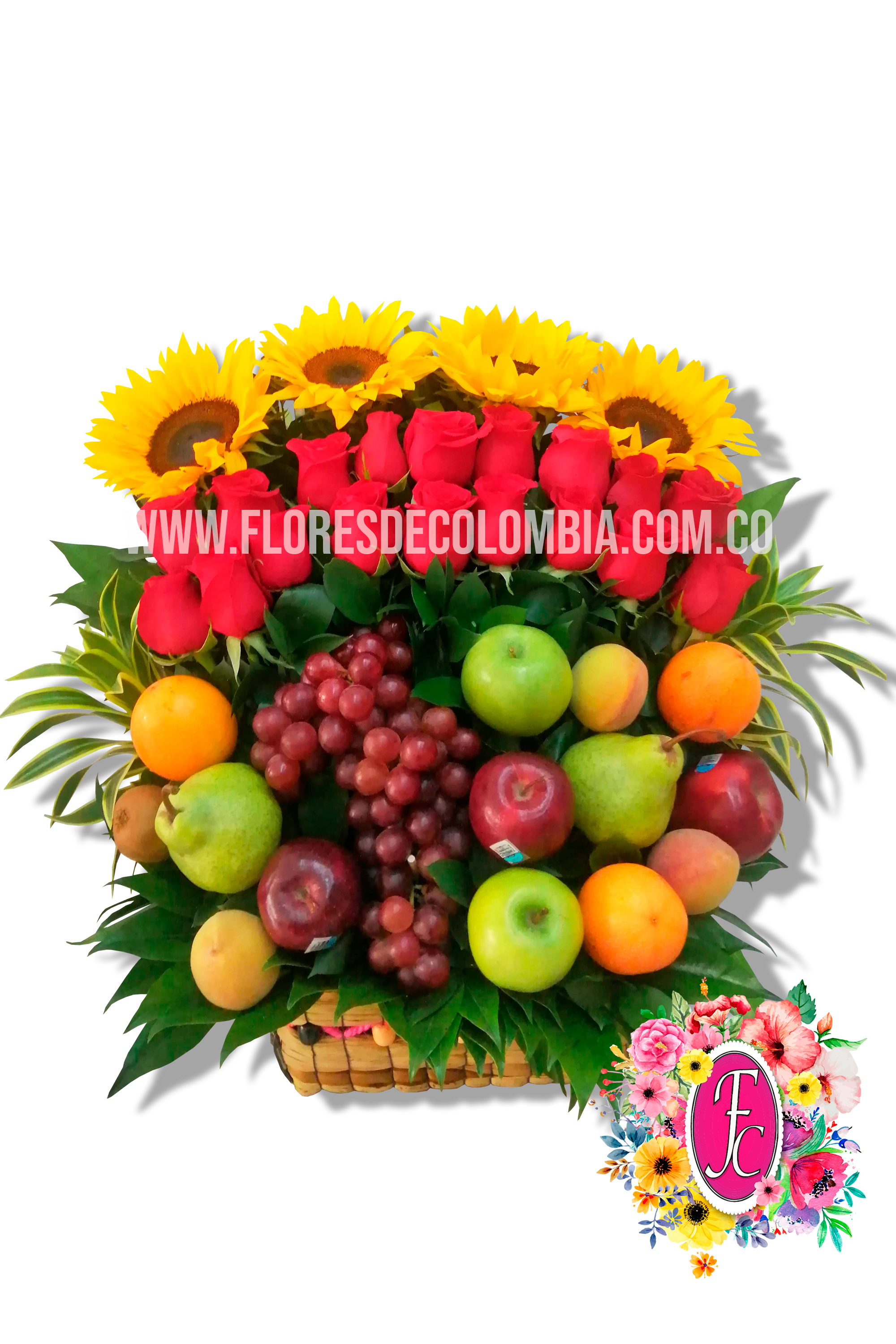 Frutero con rosas y girasoles - Flores de Colombia