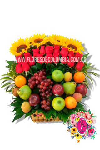 Frutero con rosas y girasoles - Flores de Colombia