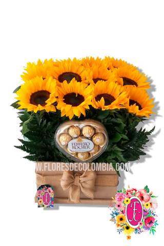 Caja regalos de girasoles + chocolates - Flores de Colombia